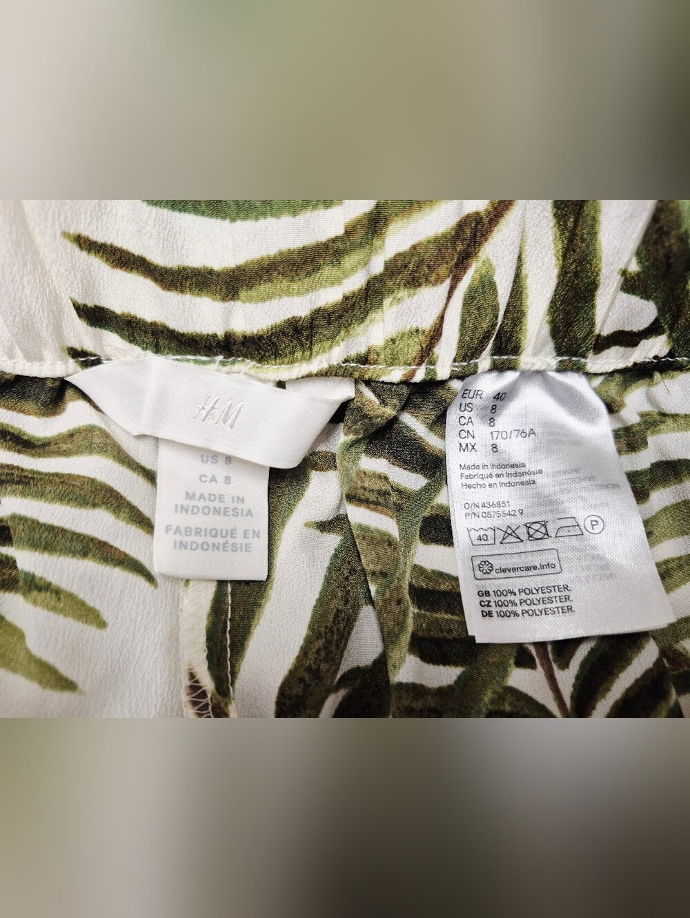 🌼5/$20 H&M Palm Leaf Print Pull-On Pants White & Green Medium - Picture 5 of 5